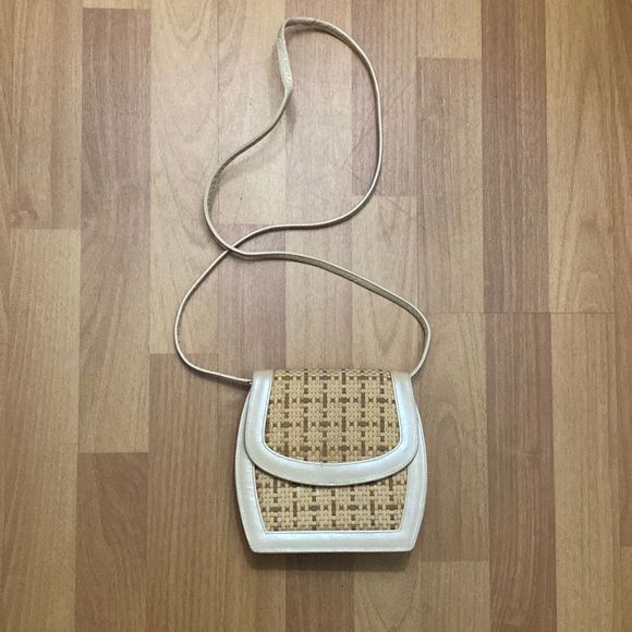 Vintage Theodora Cream Leather and Tan Canvas Accent Crossbody Bag Made in USA - Picture 2 of 9